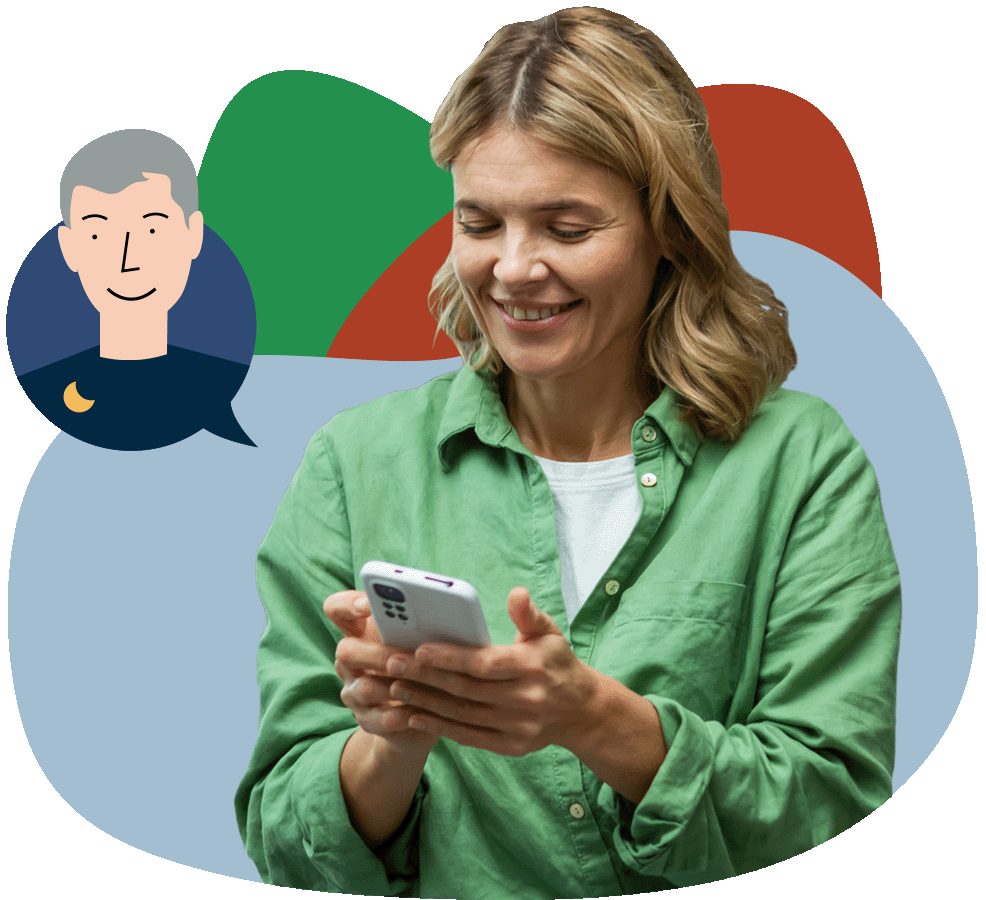 A woman with green shirt looking at a smartphone with an illustration of a sleep coach in a speech bubble.