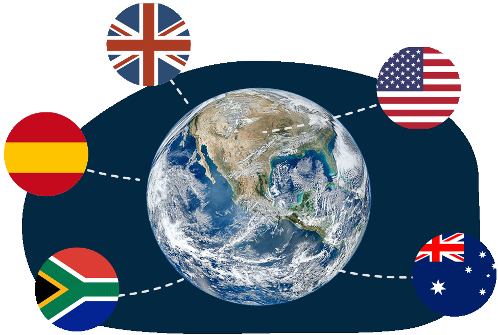 Photo of the earth seen from space with illustrations of the British, US, Spanish, Australian and South African flags around it.