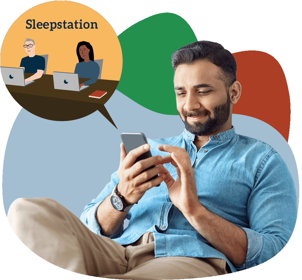 Asian man in his 30's looking at his smartphone a bubble shows illustrated Sleepstation coaches at their computers