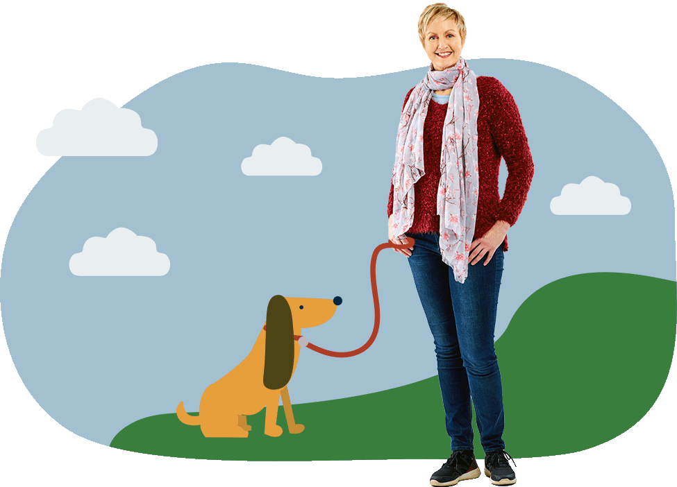 Photograph of a middle-aged woman in jeans jumper and a scarf walking an illustrated dog