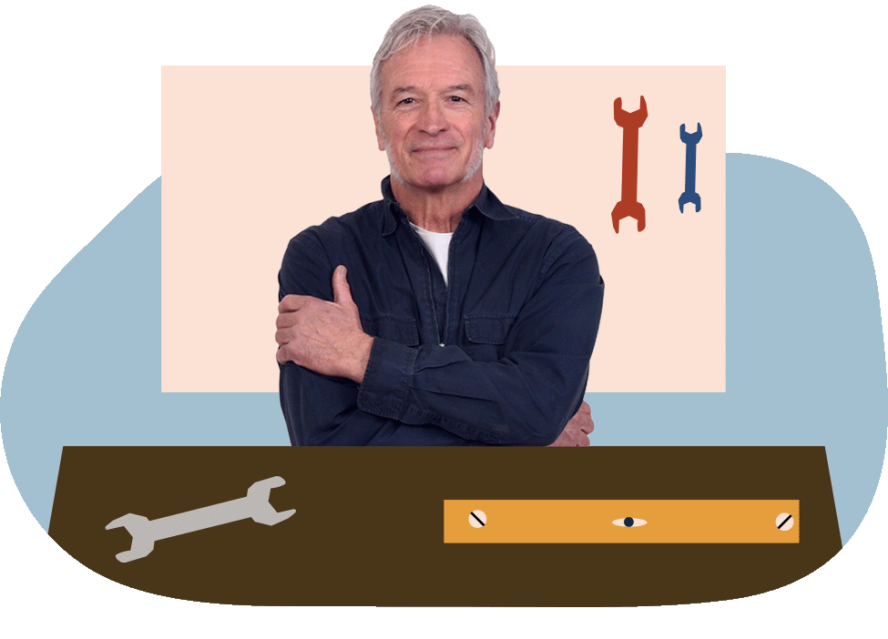 Photograph of a man in his 60's stood at an illustrated workbench with a spanners and a spirit level.