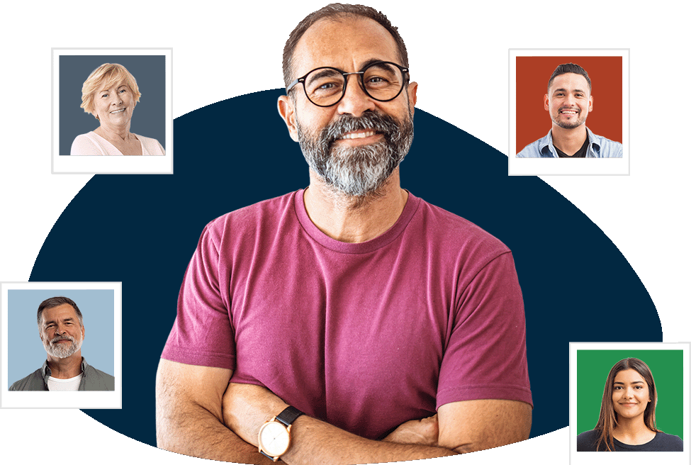 A man smiling in a purple t-shirt with colourful polaroids around him featuring headshots of sleepstation users