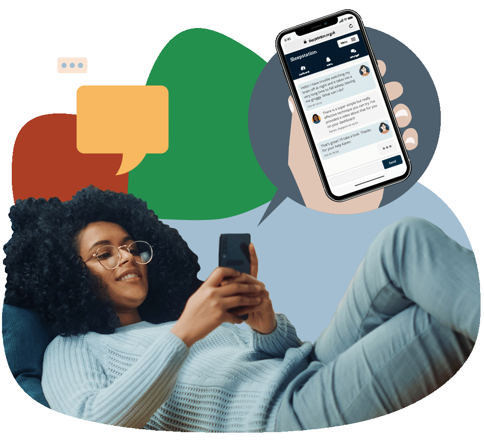 A young black girl lying down looking at her phone with a popup of an app screen showing a message conversation with sleep coaches