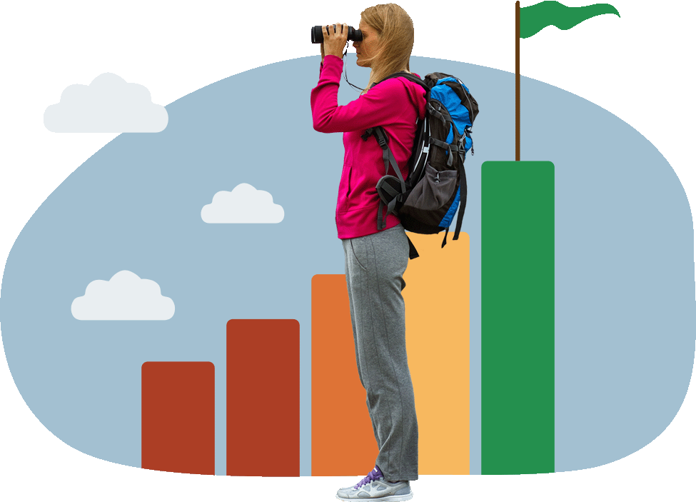 A woman with a pink top, grey trousers and a backpack looking through a pair of binoculars. Behind her is an illustrated bar chart coloured from red to green. On the tallest green bar is a flag.